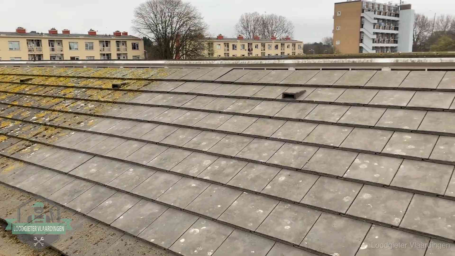 Schuin dak met betonpannen vol mos in Vlaardingen, een risico op lekkage bij de pannen
